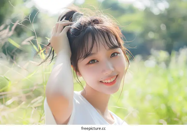 Smiling Asian Woman In Green Grass Field