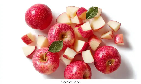 Red Apples Sliced and Arranged on White Background