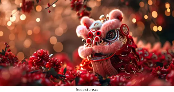 Red and Golden Lion Dance for Chinese New Year