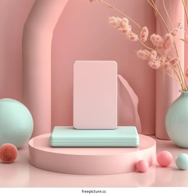 Pink and Blue 3D Illustration with Podium and Geometric Shapes