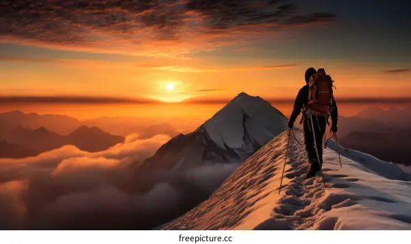 A lone mountaineer ascends a treacherous peak as the sun sets behind him