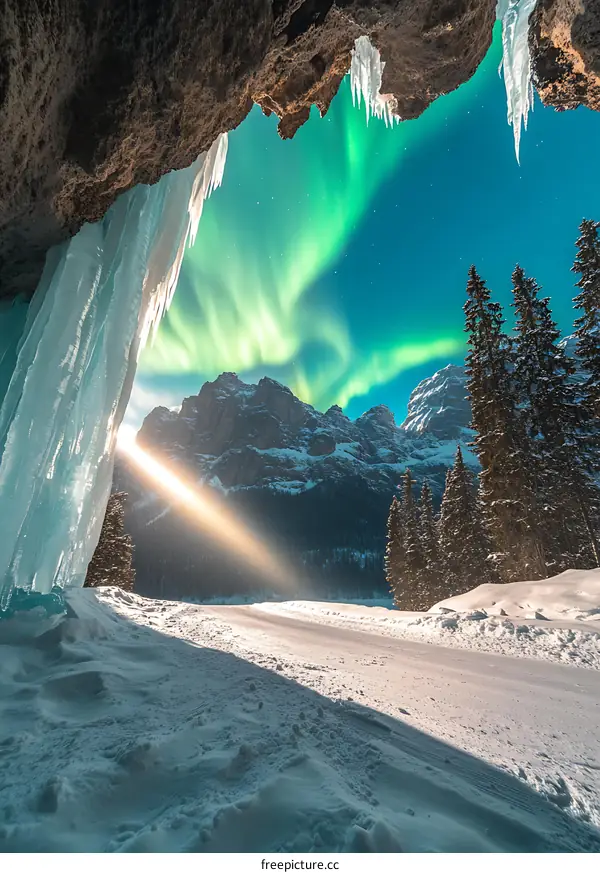 Aurora Borealis Over Snowy Mountains And Icicles