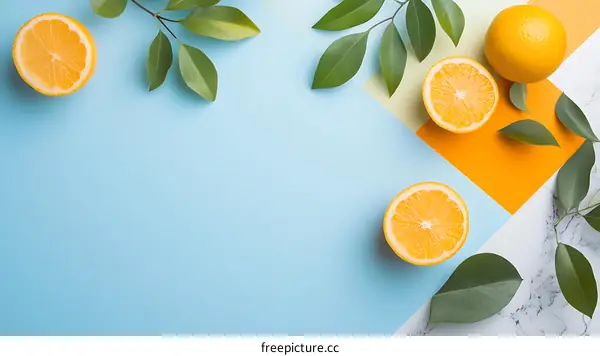 Orange Slices with Green Leaves on a Colored Background