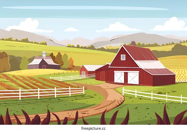 Farm Landscape Illustration with Red Barn and Field