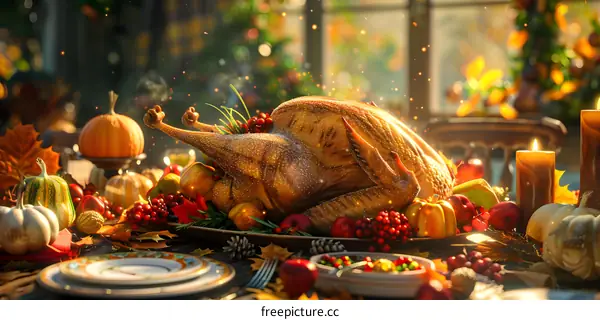 Thanksgiving dinner table with a roasted turkey, pumpkins, and autumn leaves.