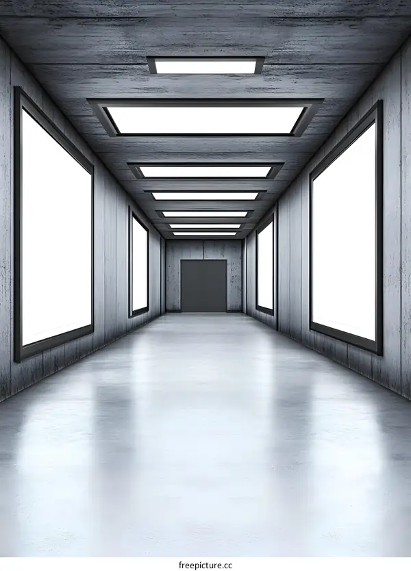 Empty Concrete Corridor With Lights and Mockups