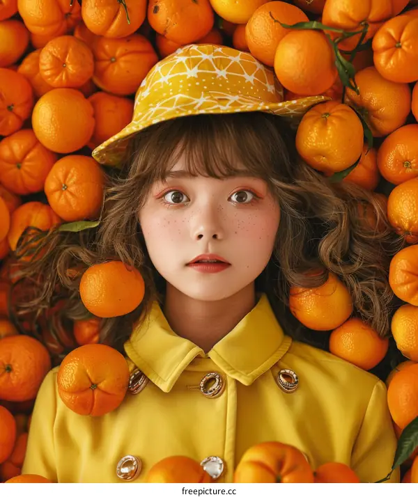 Cute Girl in Yellow Outfit Surrounded by Oranges