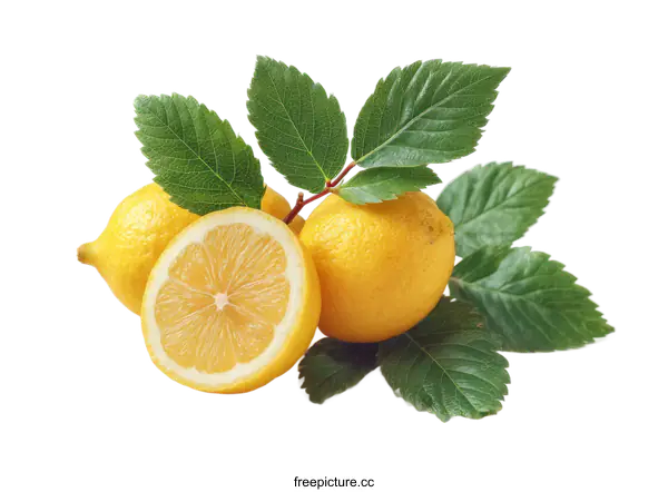 [Transparent Background PNG]Fresh Lemons with Green Leaves Closeup