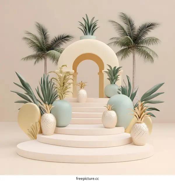 Tropical Summer Minimalist 3D Render with Pineapple and Palm Trees