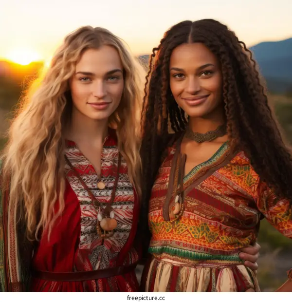 Two Young Women Smiling in a Field