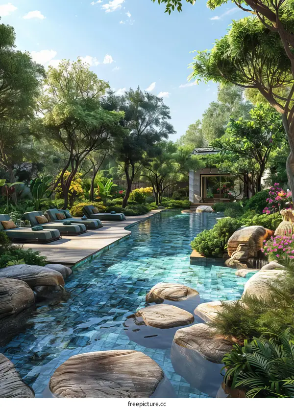 Tropical Haven: Tranquil Pool in Lush Garden Oasis