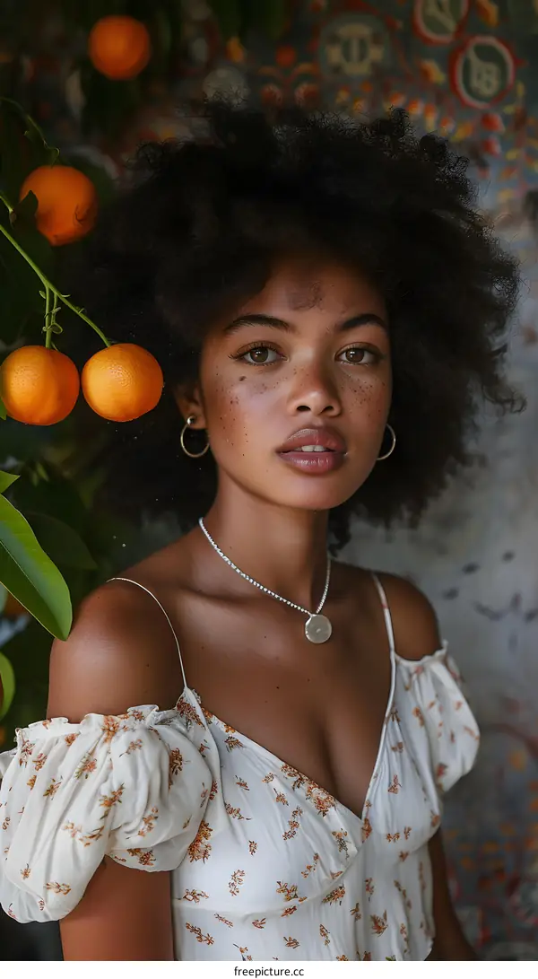 A young woman with freckles on her face and curly hair standing in front of a tree with oranges.