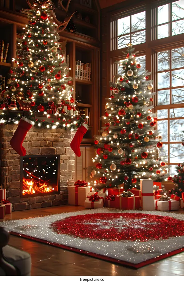 Beautifully decorated Christmas tree by the fireplace