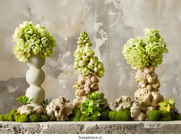 Succulent Plant Arrangement in Stone Vases on a Stone Surface with Green Moss
