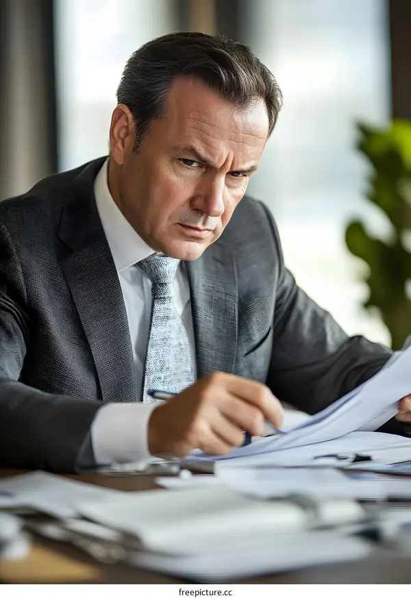 Serious Businessman Looking at Papers at His Desk in Office
