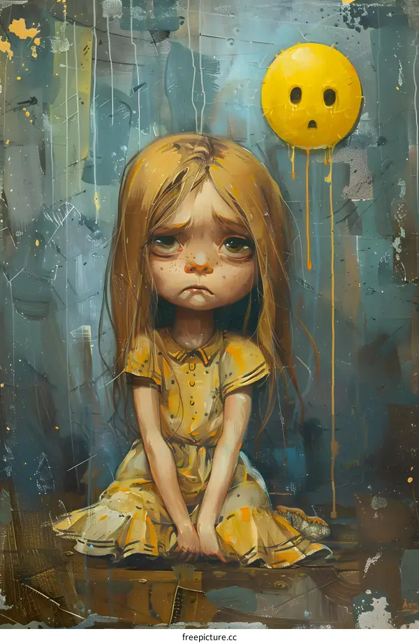 sad girl with a melting smiley face balloon