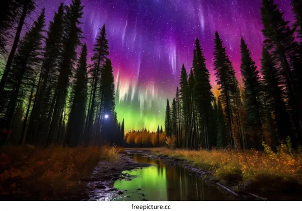 Aurora borealis night sky with stars and river in forest landscape