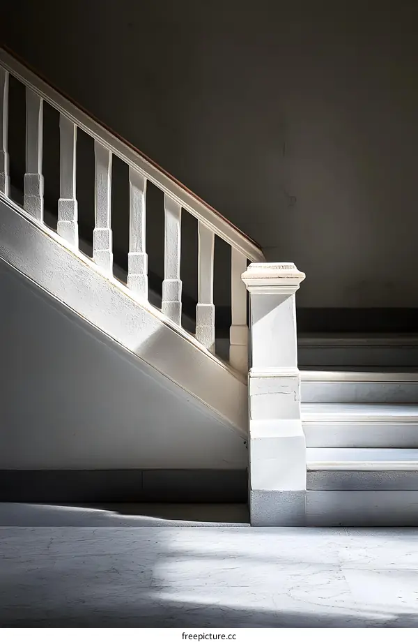 White Staircase In An Old Building With Light Shining Through