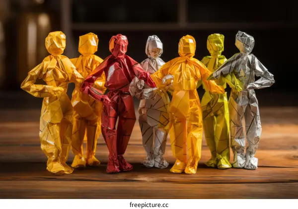 A group of colorful paper origami people