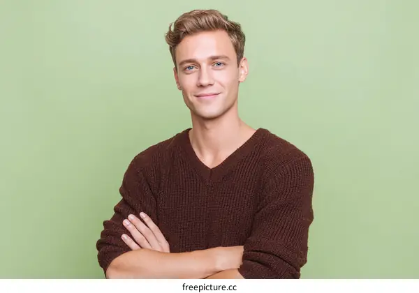 Smiling Caucasian Man Posing Against Solid Green Background