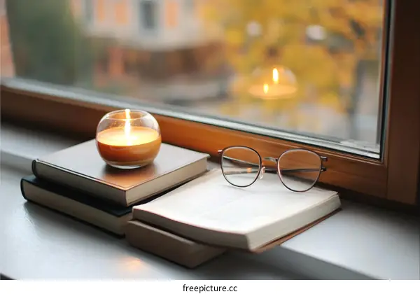 Autumn Window Cozy Books and Candle