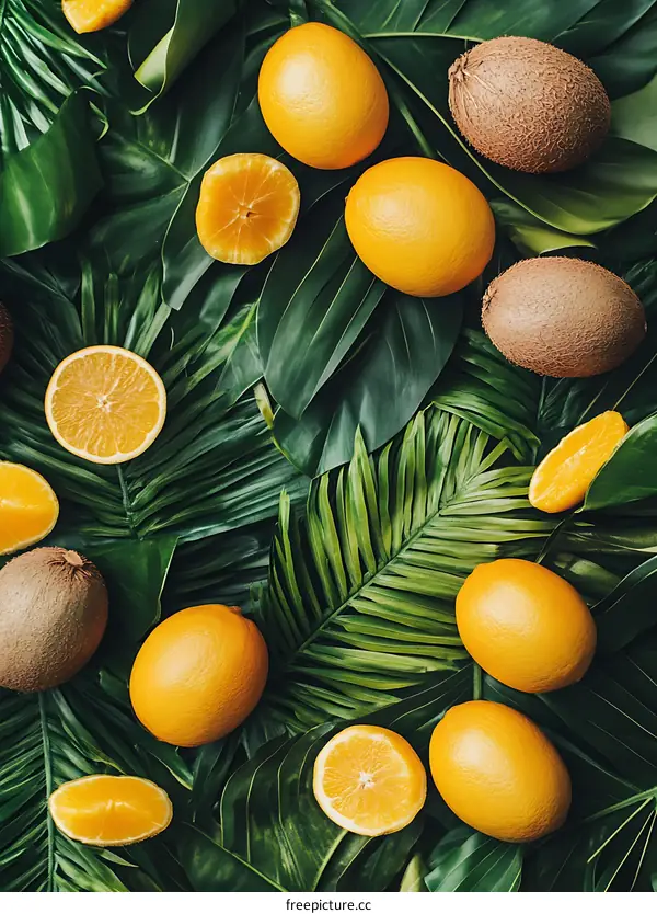 Tropical Fruits and Green Leaves Background