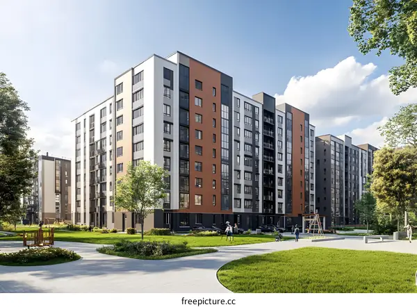 Modern Apartment Buildings with Green Space