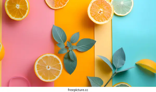 Fresh Summer Fruit and Leaves on Colorful Background