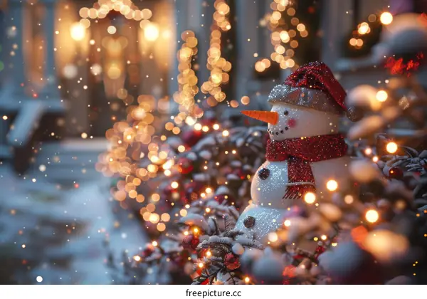 A snowman in a red hat and scarf stands in front of a decorated house with Christmas lights.