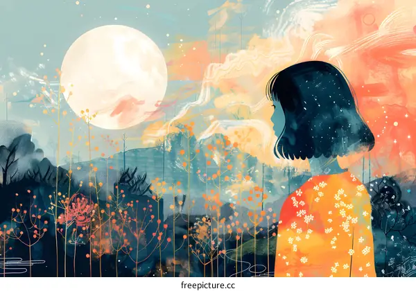 Silhouette Woman Looking at the Full Moon in a Field of Flowers