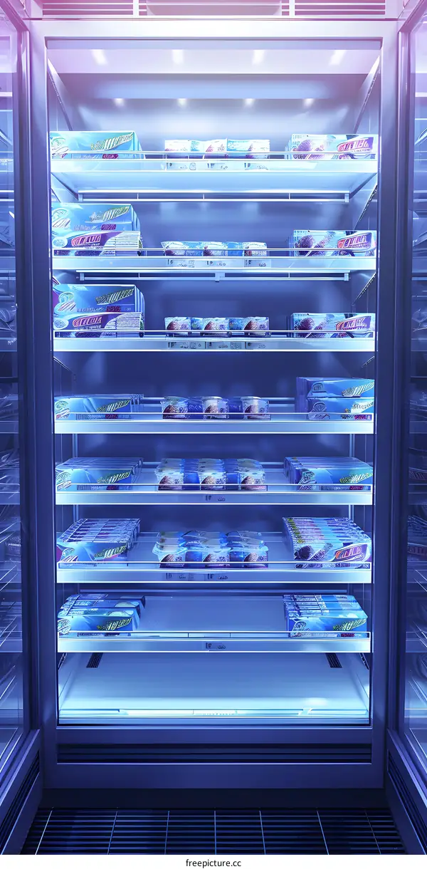 Open Glass Door Of Commercial Refrigerator With Frozen Food