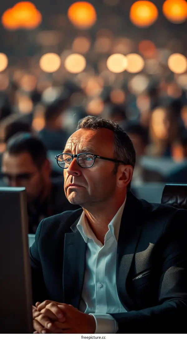Businessman in suit looking at a laptop screen with a crowd of people blurred in the background