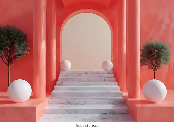 Abstract Architecture With White Spheres and Coral Walls