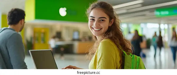 Young Woman Using Laptop in a Modern Building