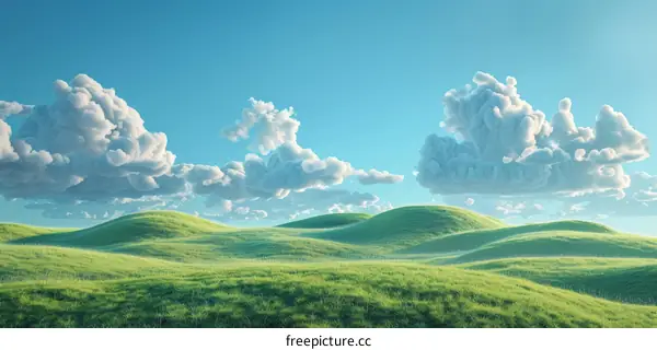 Green Rolling Hills Under a Blue Sky with White Clouds