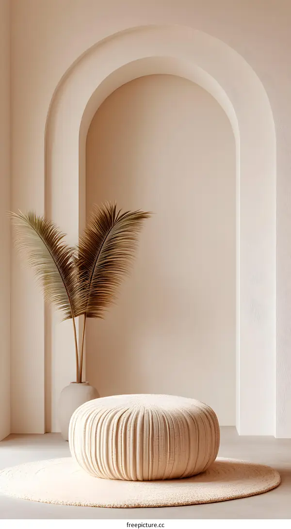 Beige Minimalist Interior With Round Ottoman And Palm Leaves