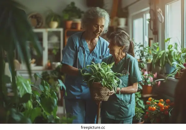 Two elderly female nurses are holding a potted plant and smiling at each other