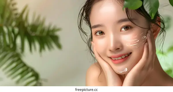 Beautiful Asian Woman Applying Facial Cream with Green Leaves Background
