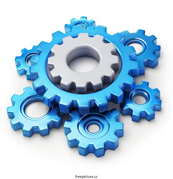 3D illustration of a group of blue and white interlocking gears