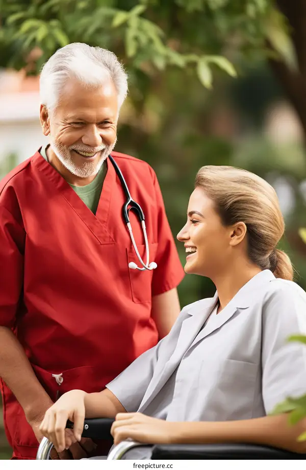 Happy senior man and woman in wheelchair talking and laughing outdoors