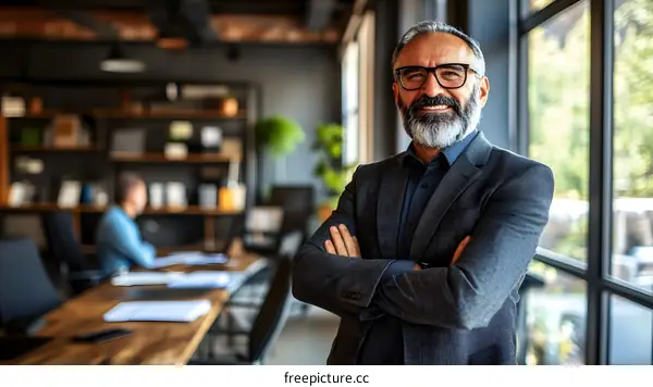 Confident Businessman Standing in Office with Arms Crossed