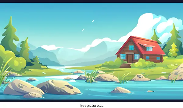 Cabin by the River in the Mountains