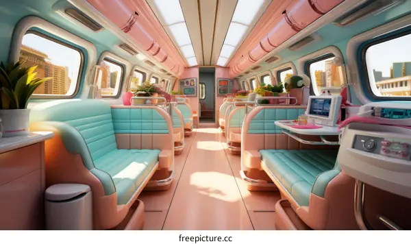A pink and blue retro futuristic train interior with large windows