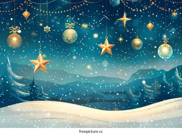 Christmas background with hanging ornaments and falling snow