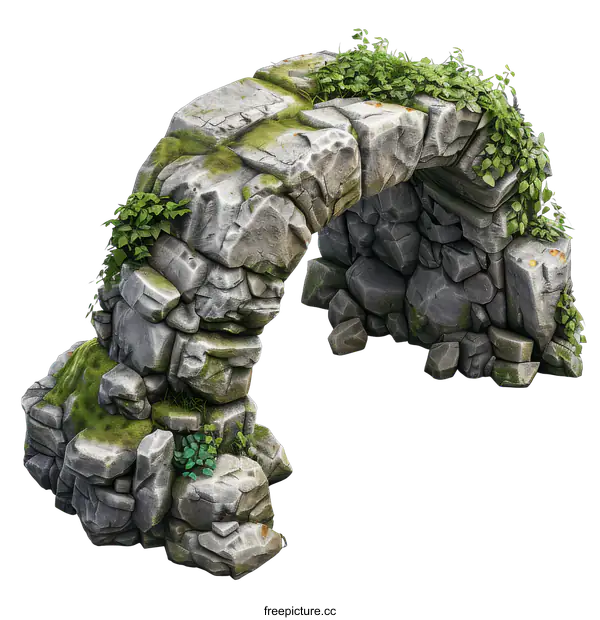 [Transparent Background PNG]Grey stone archway with green plants growing on it
