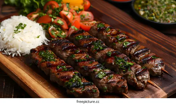 Beef shish kebab with rice and salad