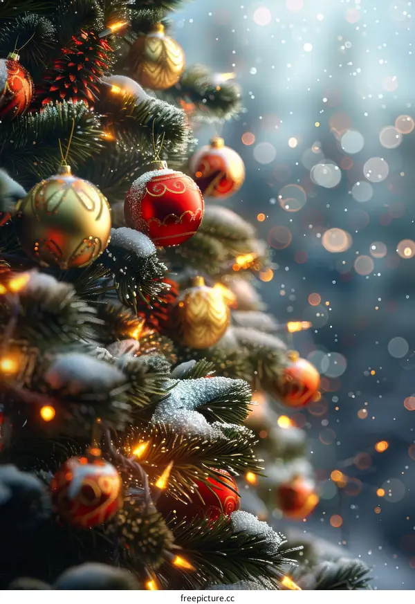 Christmas tree decorations twinkle in the light