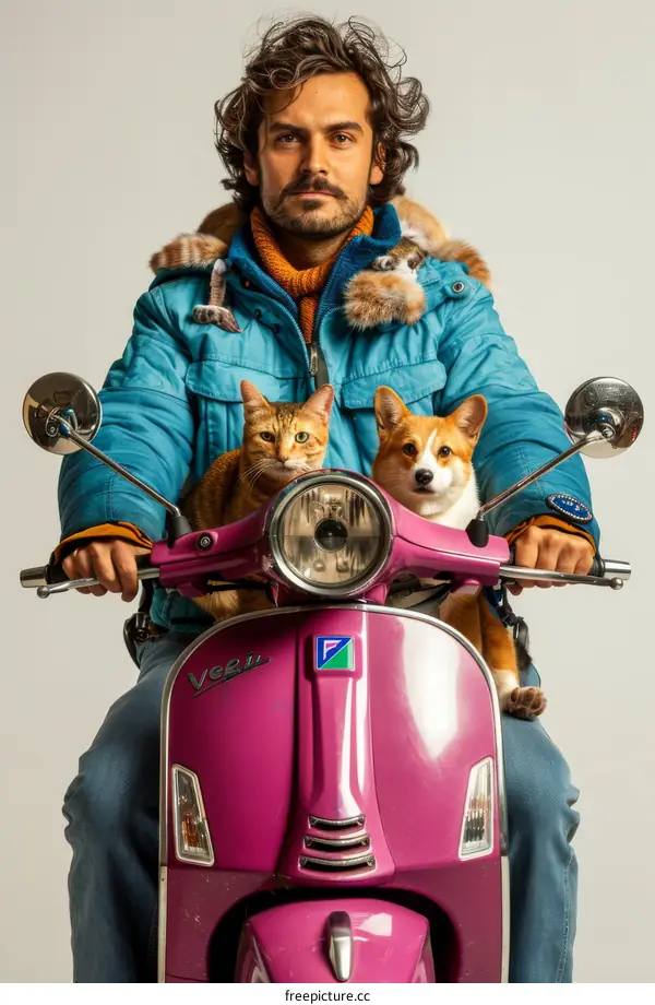 Man with a cat and a dog on a scooter