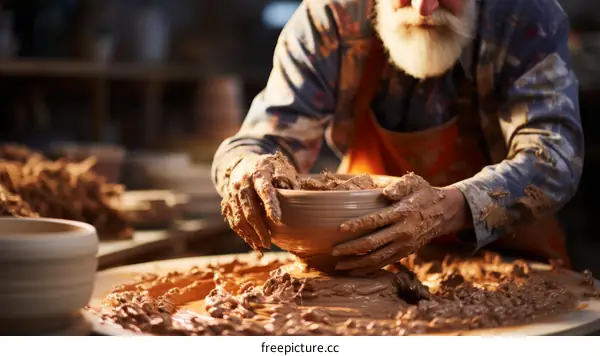 Senior male potter working on a pottery wheel