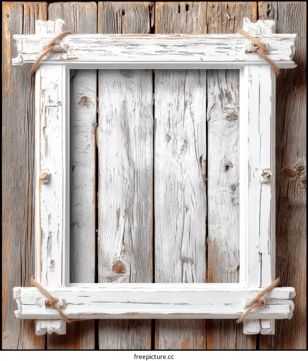 Rustic White Wooden Picture Frame on Wood Background